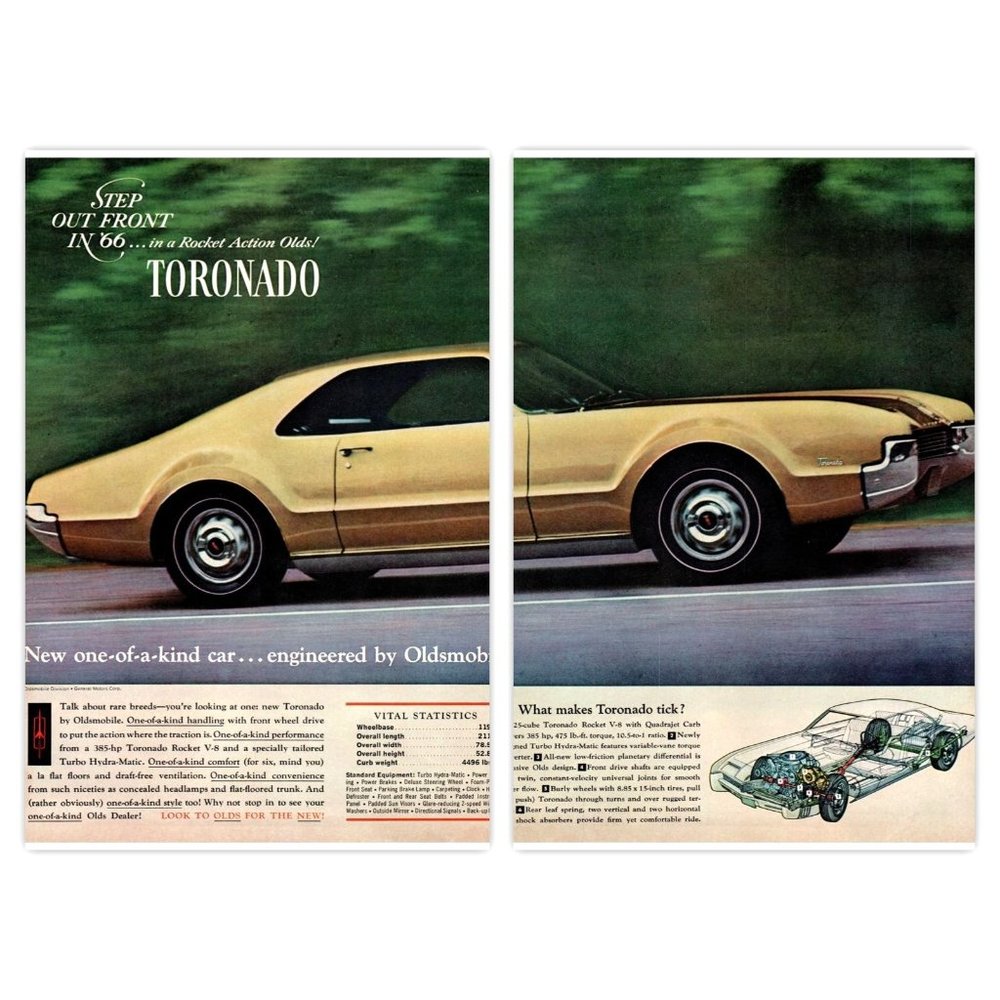 1966 Oldsmobile Toronado 2 door Coupe Full Color 2 Page Vintage Print Ad Decor